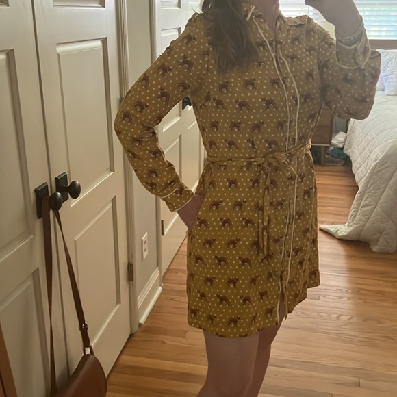 Anthropologie Forest Friends Fox Print Polka dots Mini Dress size US 4 with belt - Picture 5 of 16